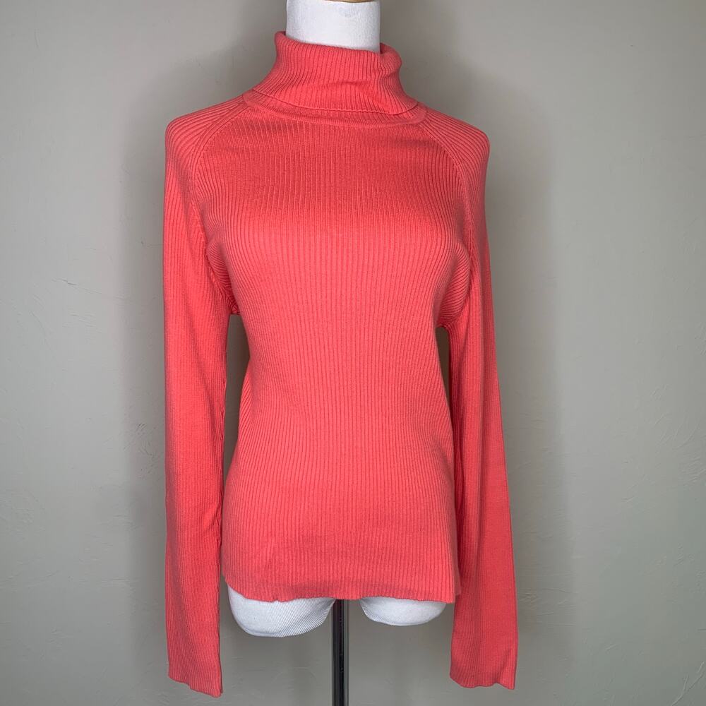 Coral Peach Pink Cotton Ribbed Turtleneck Sweater Sz Medium